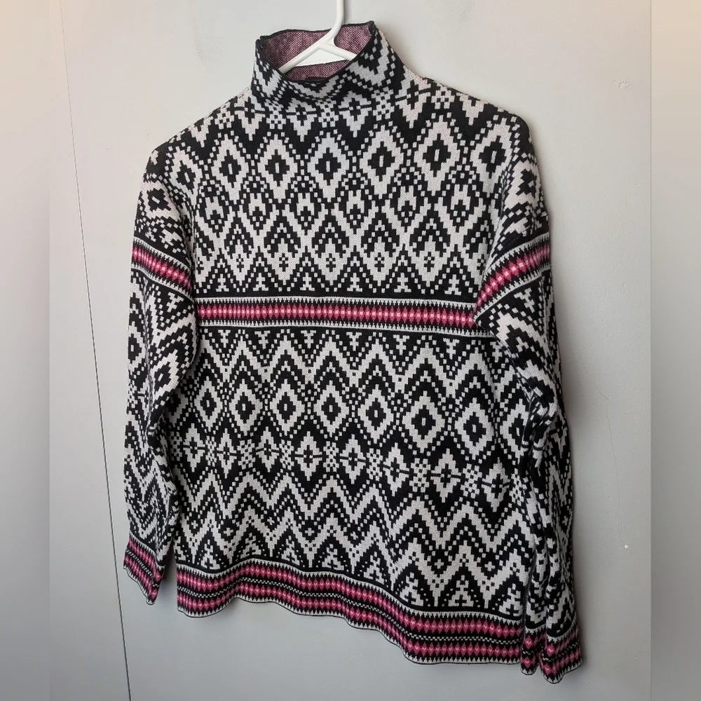 TAHARI Women Sweater Turtleneck Long Sleeve Super Soft Size Medium Black White - Picture 1 of 9